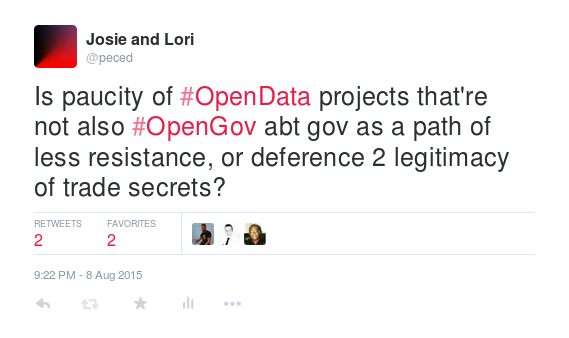 A tweet by Josie and Lori (@peced): Is paucity of #OpenData projects that're not also #OpenGov abt gov as a path of less resistance, or deference to legitimacy of trade secrets?