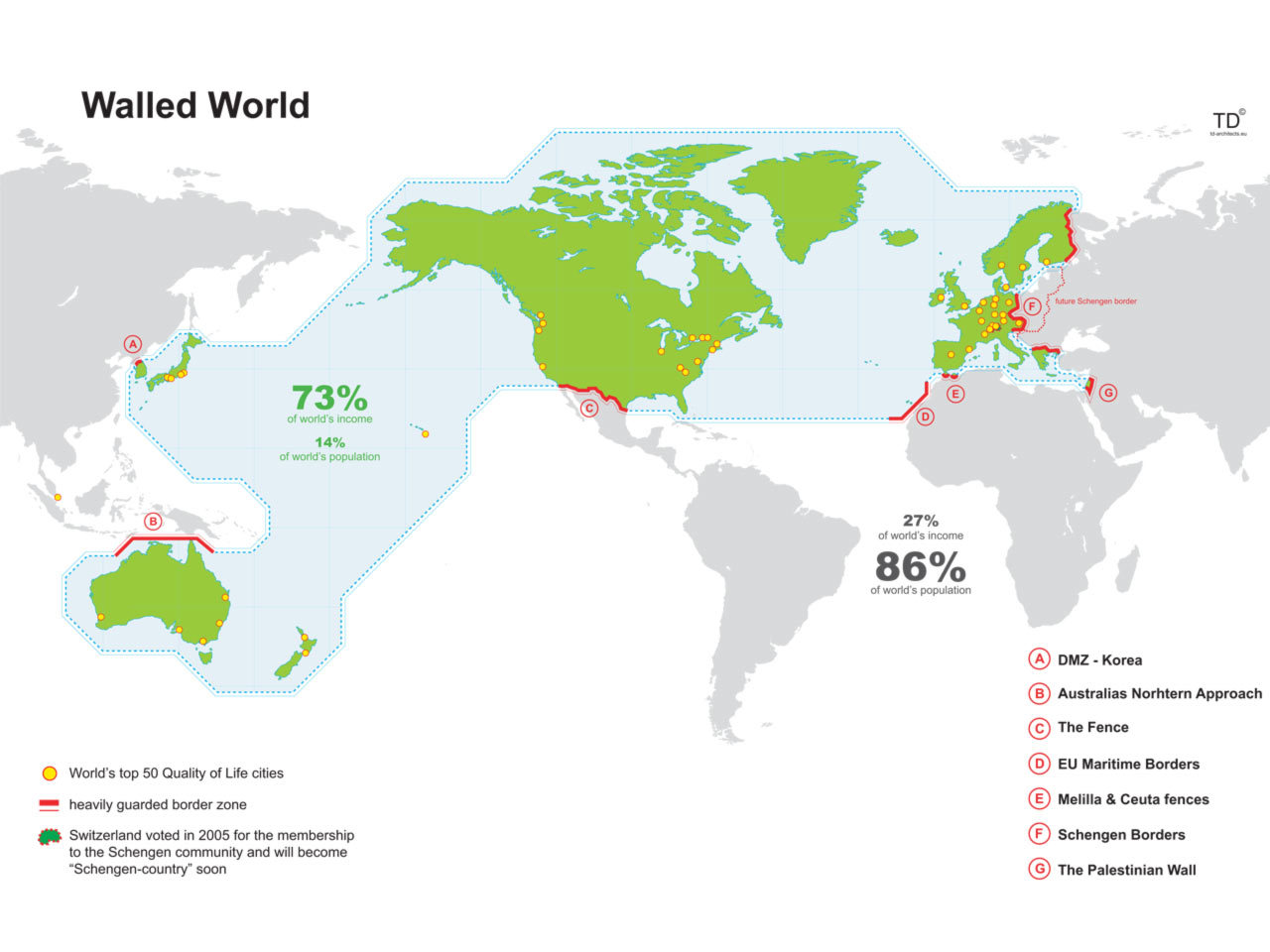 map of world showing tendencies to particularly reinforced barriers between rich and poor regions thereof